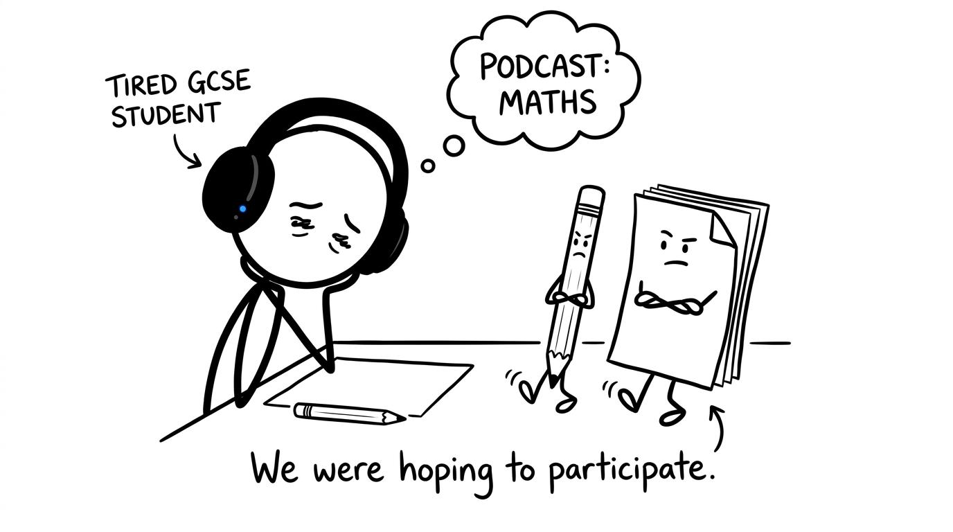 A GCSE student's untouched pencil and practice paper wait impatiently while the student listens to a maths podcast