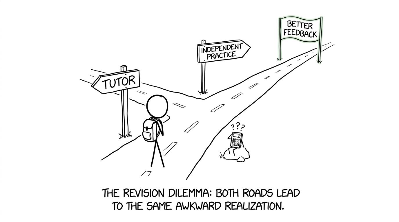 A student choosing between a tutor and independent practice, with both routes leading towards better feedback
