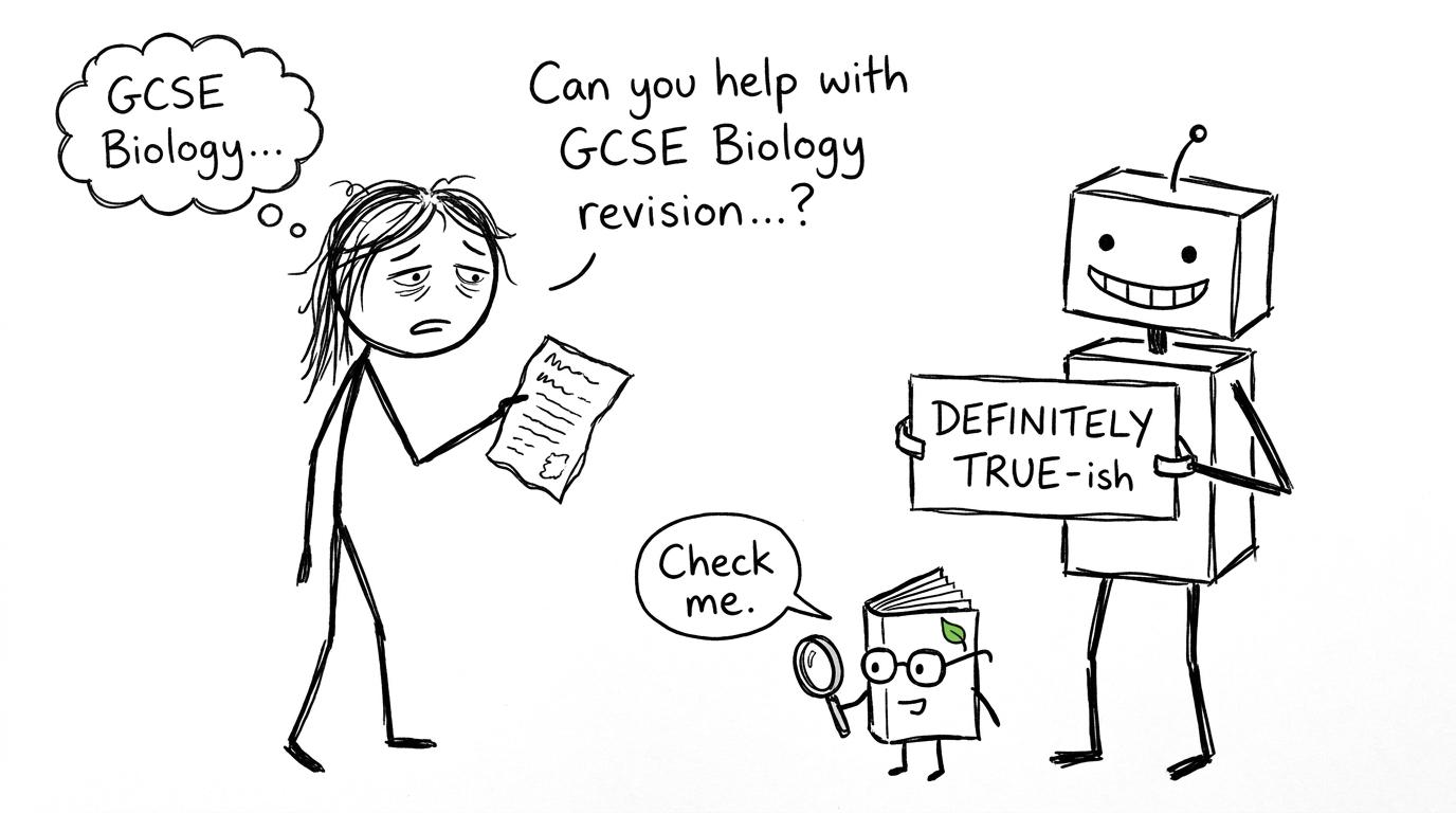 A student and robot learn that confident revision answers still need checking