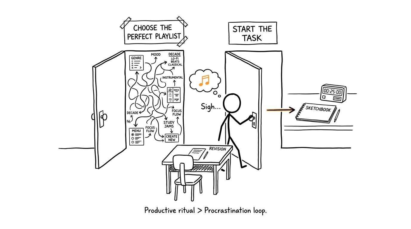 A student chooses starting work over an endless playlist maze