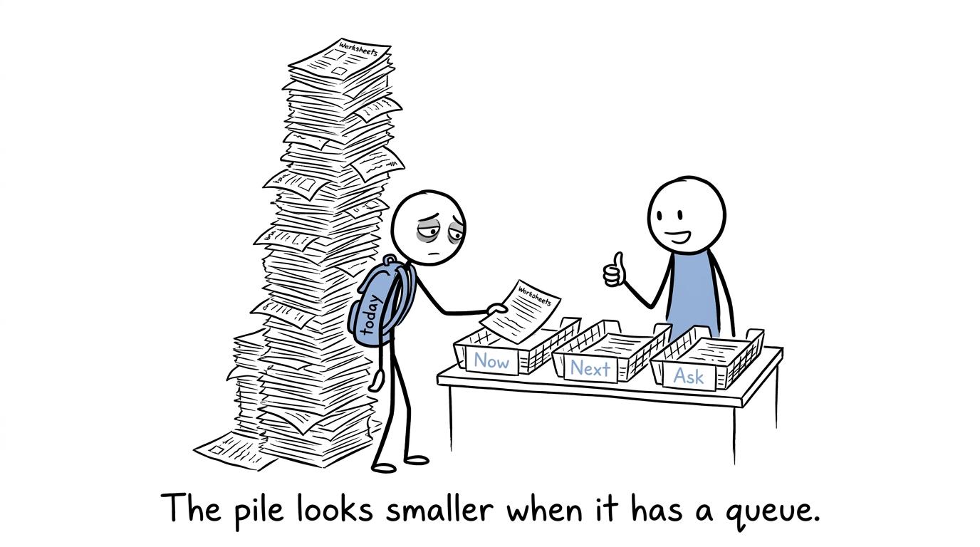 A returning student calmly sorts a large pile of missed work into manageable trays