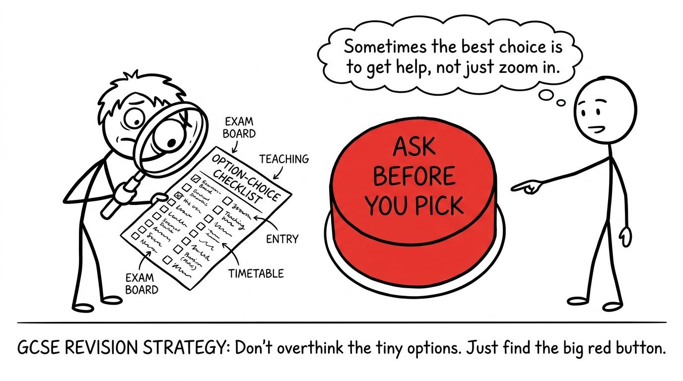 A student investigates GCSE option details before pressing the decision button