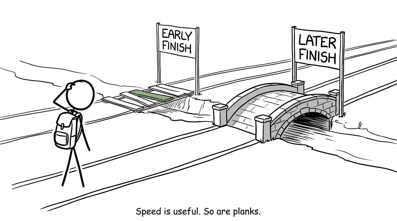 A student checking whether the fastest route has all its bridge planks