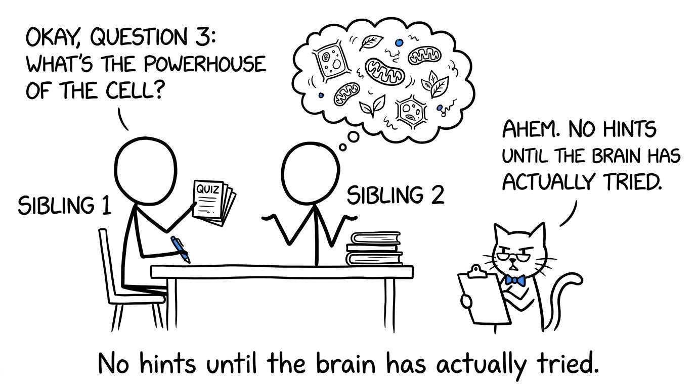 Two siblings run a biology quiz while a cat behaves like an examiner