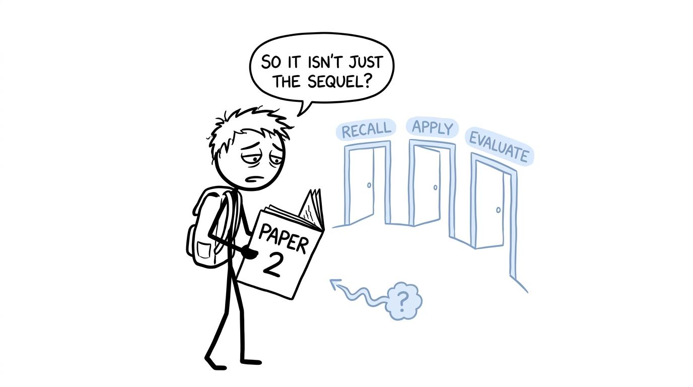 A student discovers that Paper 2 tests recall, application and evaluation