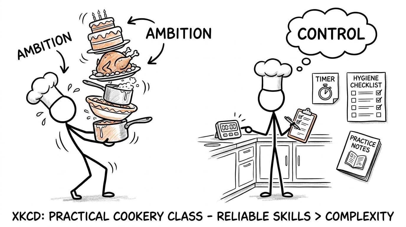 One cook builds a tower of ambition while another calmly relies on control, timing and practice