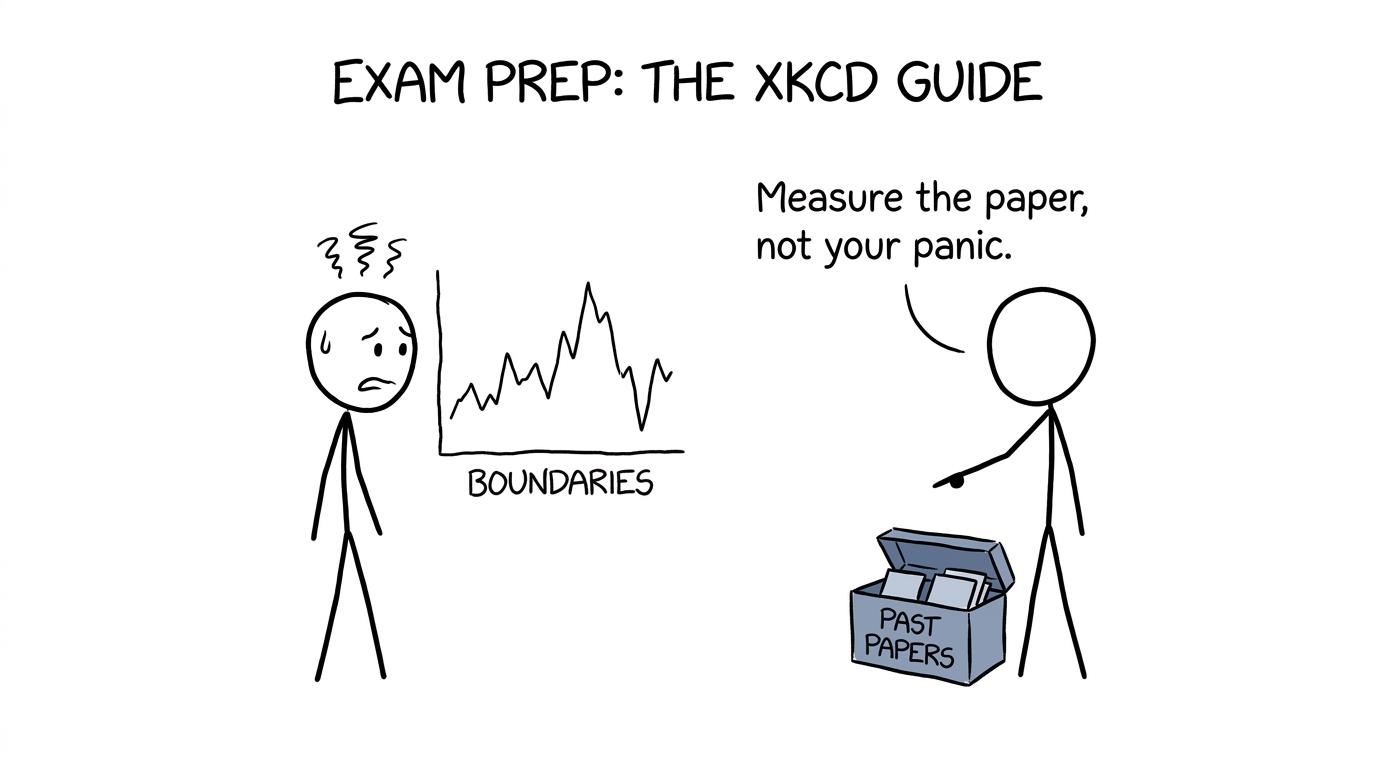 A student worrying about a boundary chart while a teacher recommends past papers