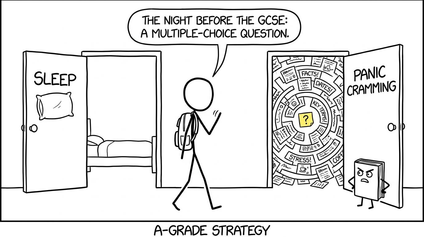 A student wisely chooses the sleep door instead of the panic-cramming maze