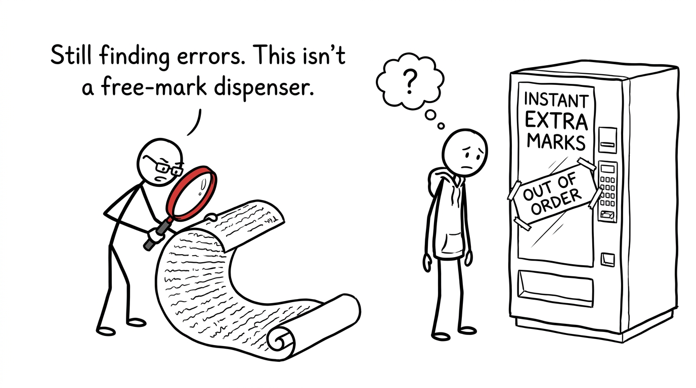 An examiner checking an essay while an instant extra marks machine remains out of order