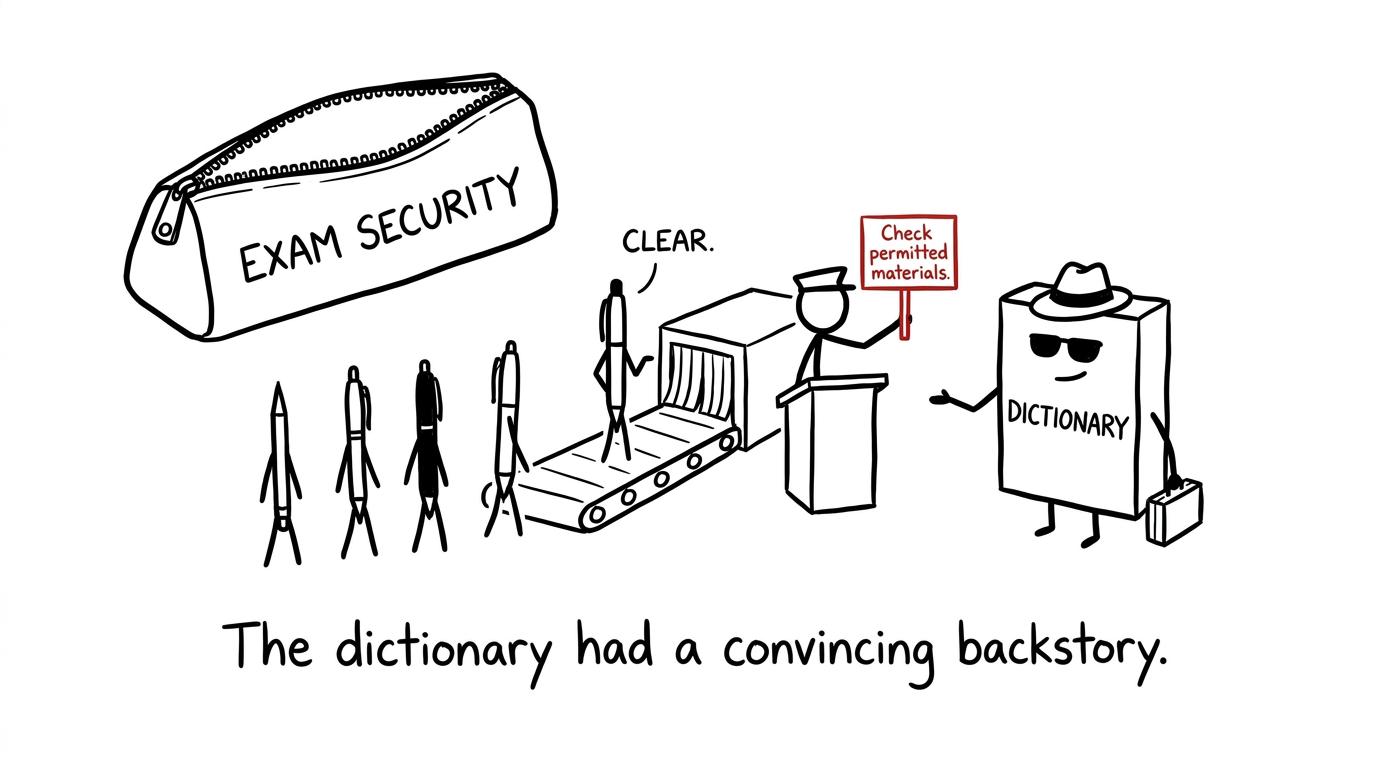 A dictionary in sunglasses being turned away from an exam pencil-case security queue