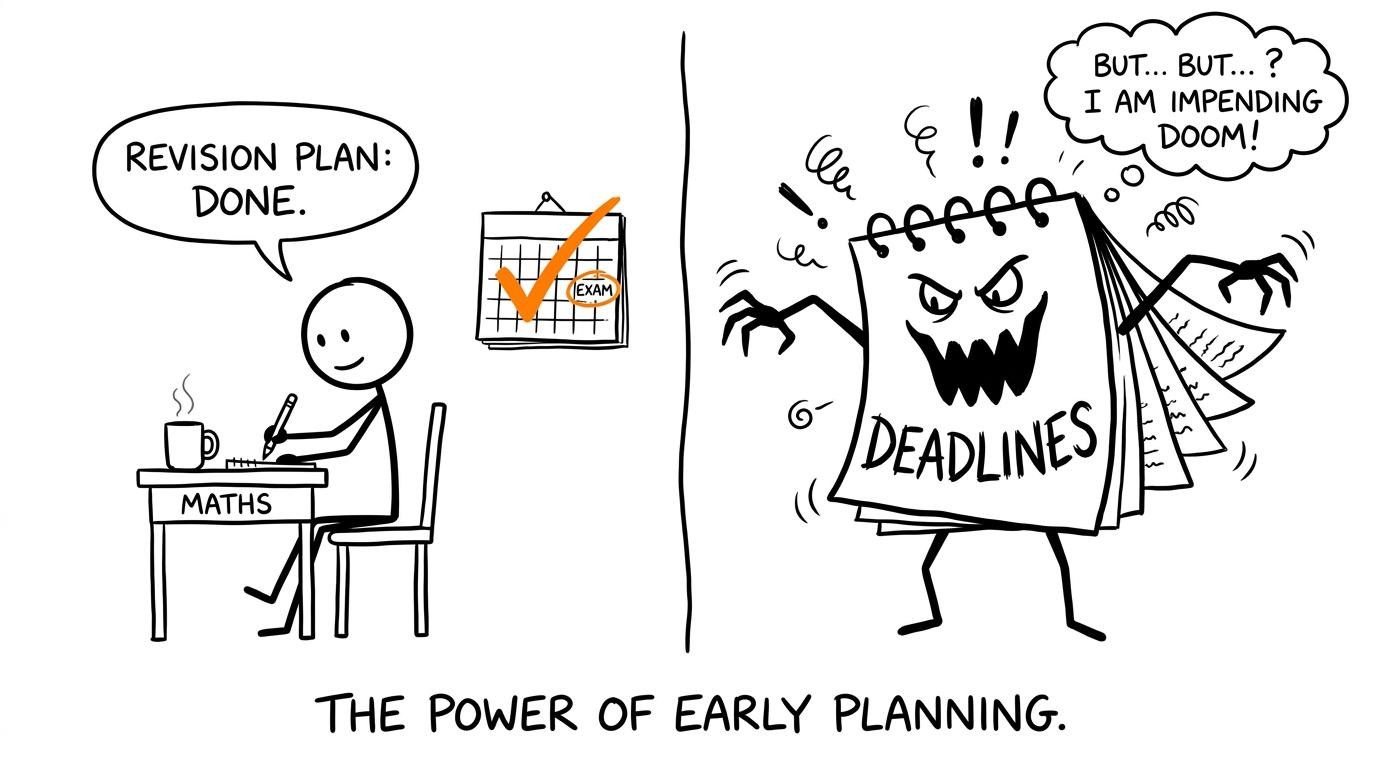 A prepared student revises maths while an alarming deadline monster discovers the calendar is already organised