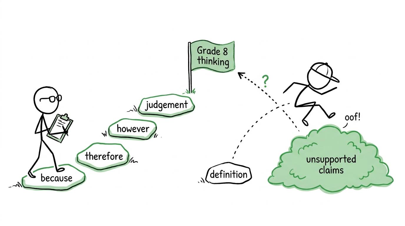 An examiner follows the reasoning steps while a student tries to jump straight to the judgement