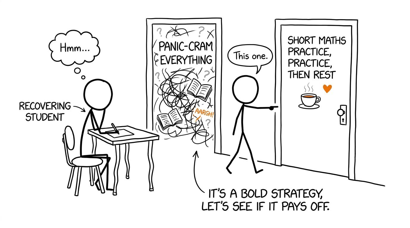 A recovering student chooses short maths practice and rest instead of panic-cramming