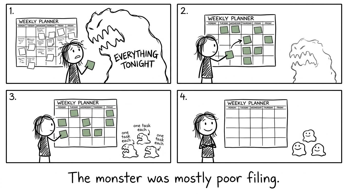 A large workload monster shrinking into manageable tasks