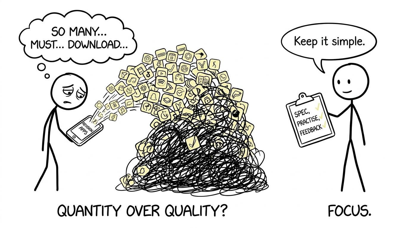 A student faces an avalanche of revision apps while a calmer checklist offers a simpler route