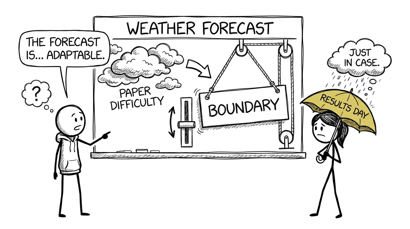 Students shelter beneath a results-day umbrella while paper difficulty changes the boundary forecast