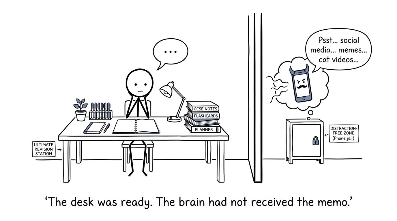 A student with a perfect desk but a distracted brain