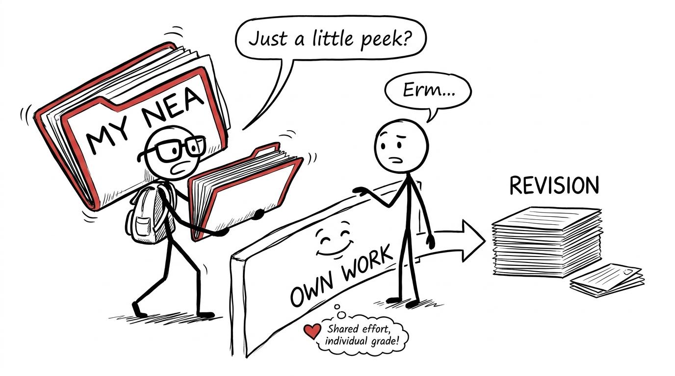 A friendly own-work barrier redirecting an NEA folder towards safe shared revision cards