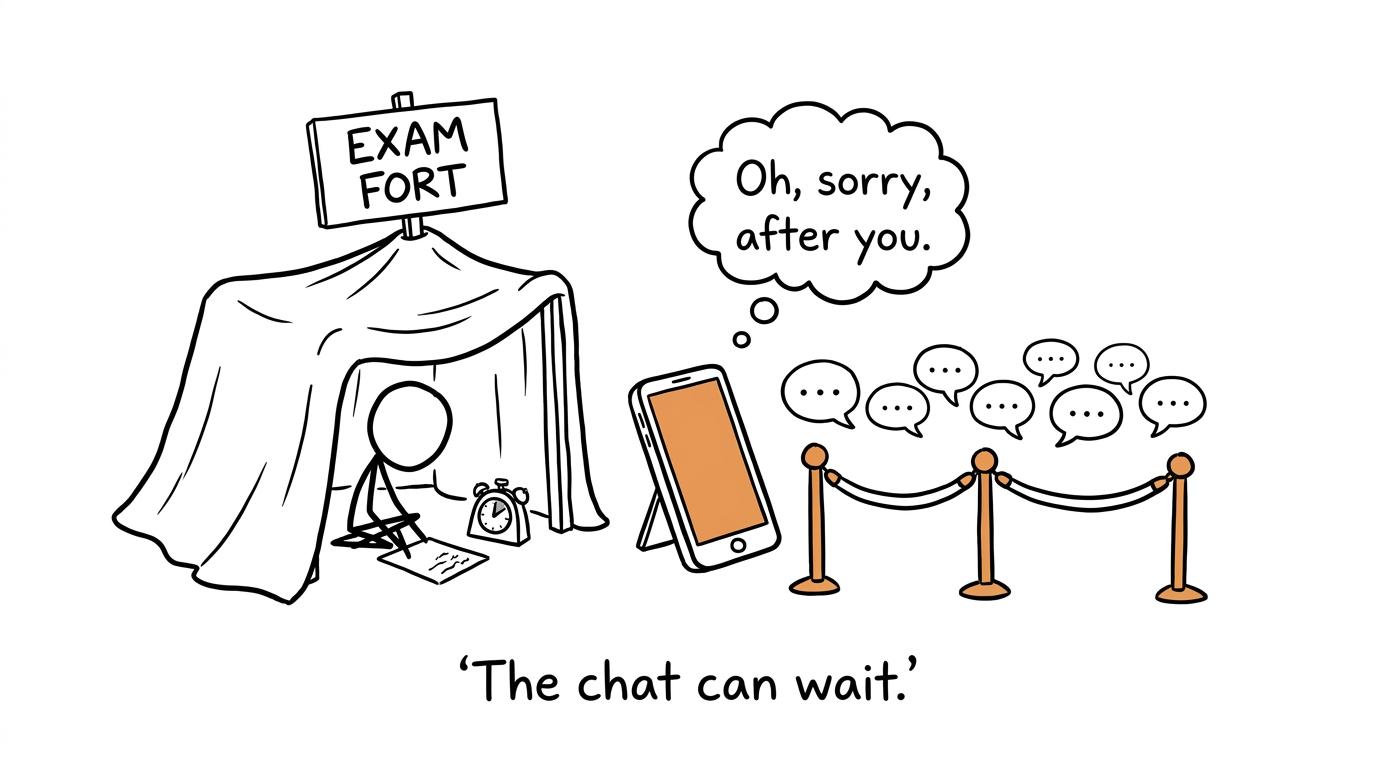 Notifications wait outside while a student completes focused exam practice