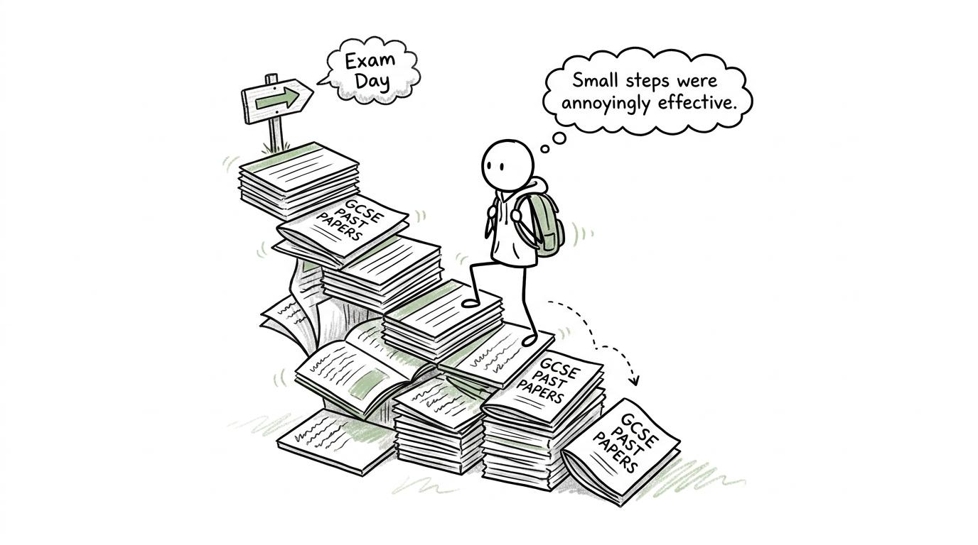 A student climbs a staircase made from small revision tasks