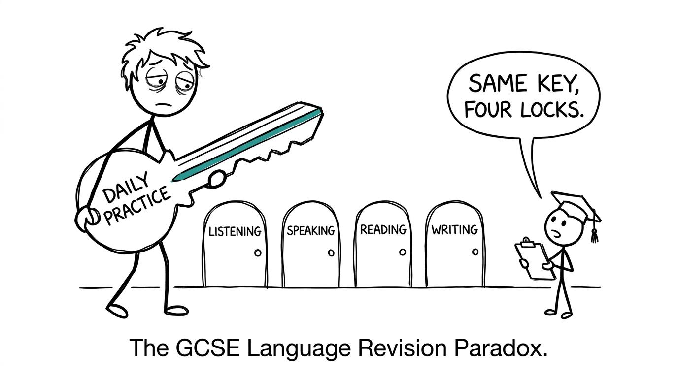 A student using one daily-practice key to open four language-skill doors
