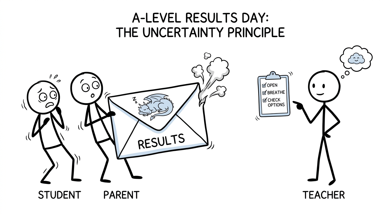 A student and parent treating a results envelope like a sleeping dragon