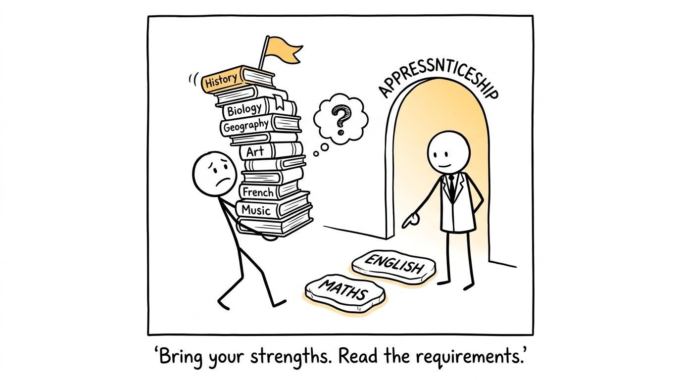 An apprentice carries every GCSE book before learning to focus on the actual entry requirements