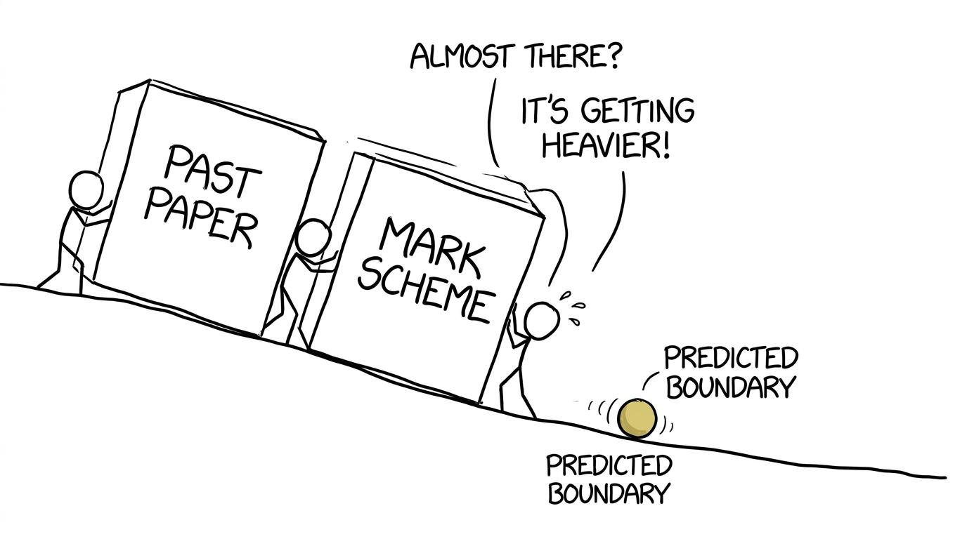 Past papers and mark schemes being pushed uphill while a predicted-boundary crystal ball rolls away