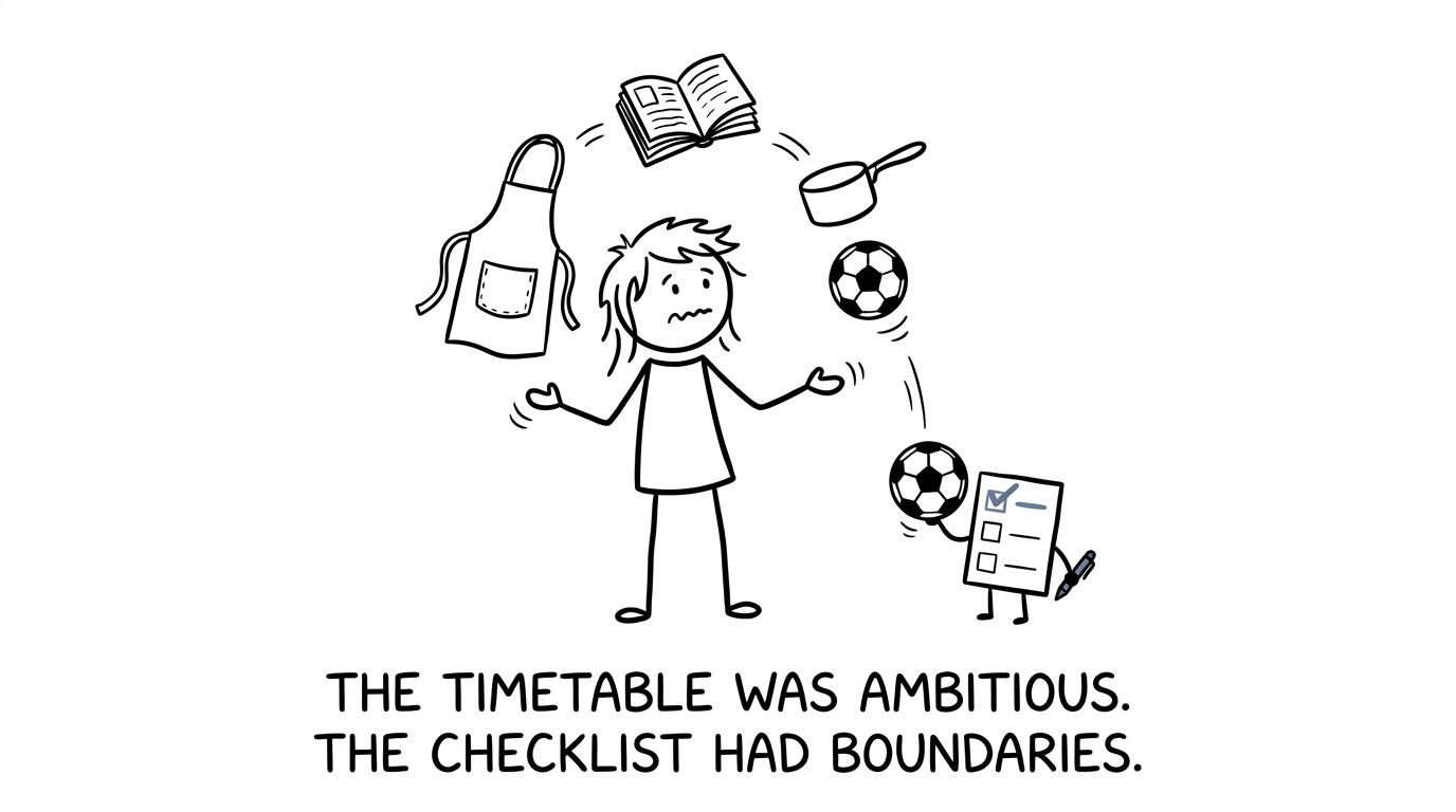 A checklist calmly reduces the load of a student juggling sport, work, books and cooking