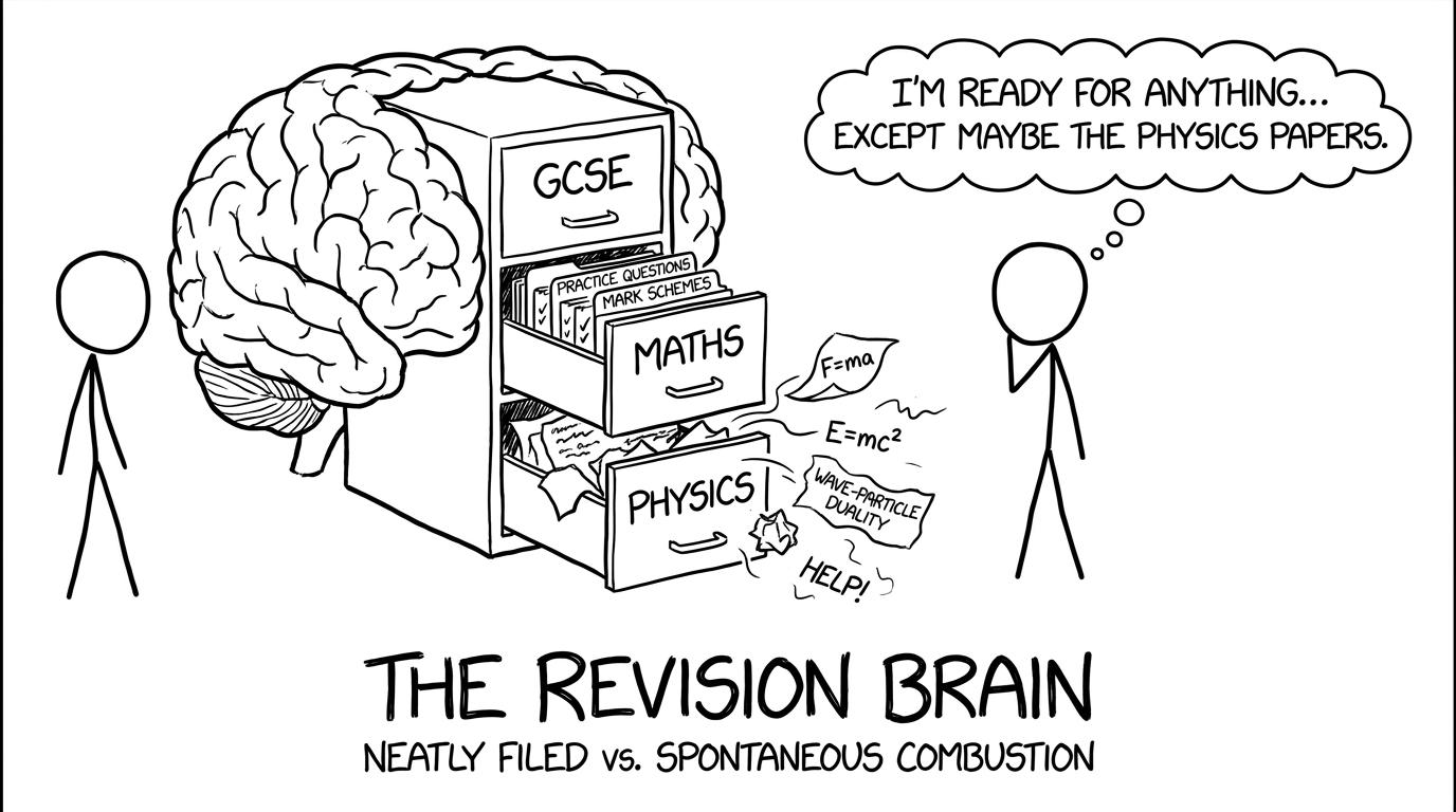 A brain filing cabinet with physics papers flying out