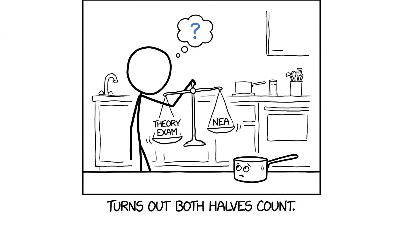 A student balances theory and non-exam assessment while a saucepan watches nervously