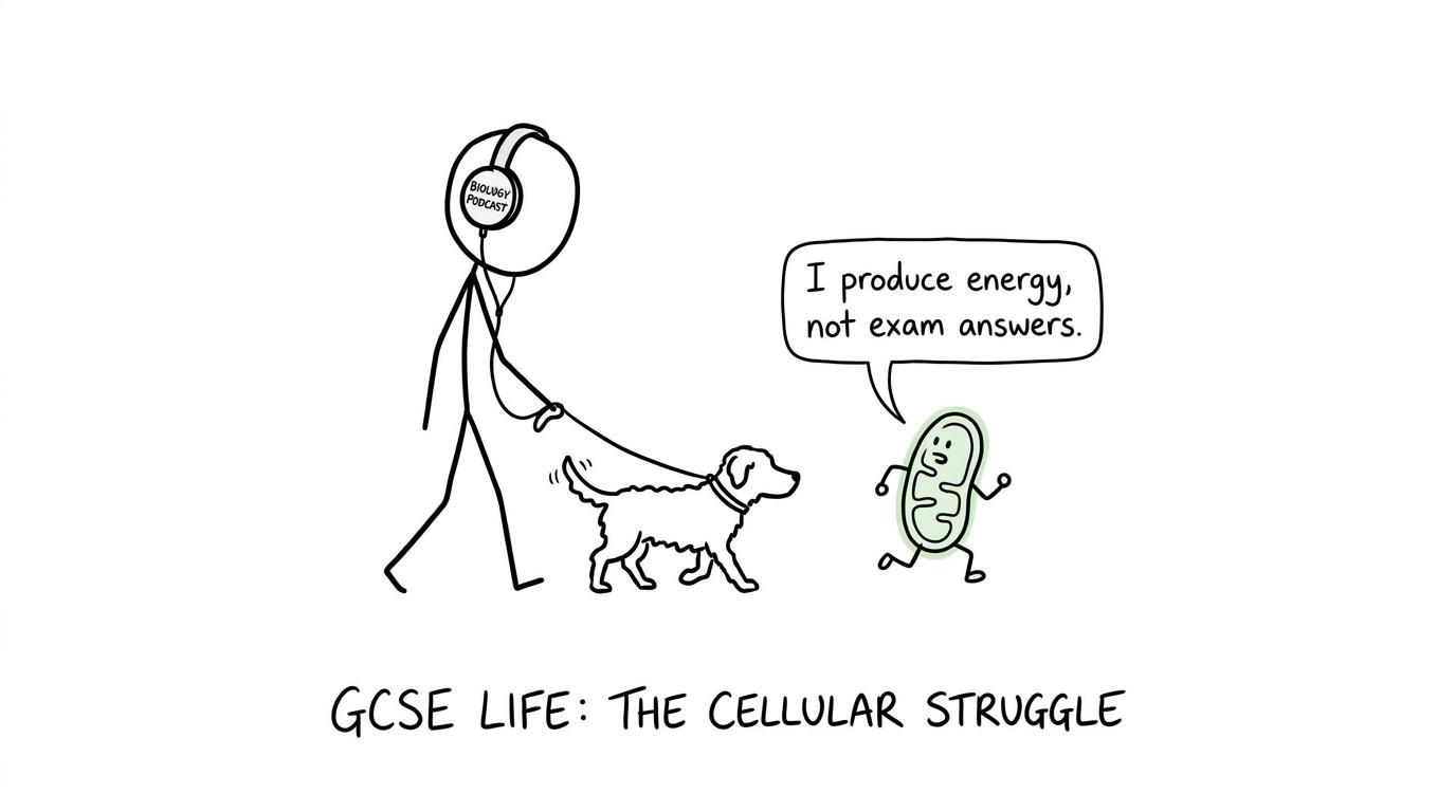 A student walking a dog while a mitochondrion questions the power of a biology podcast