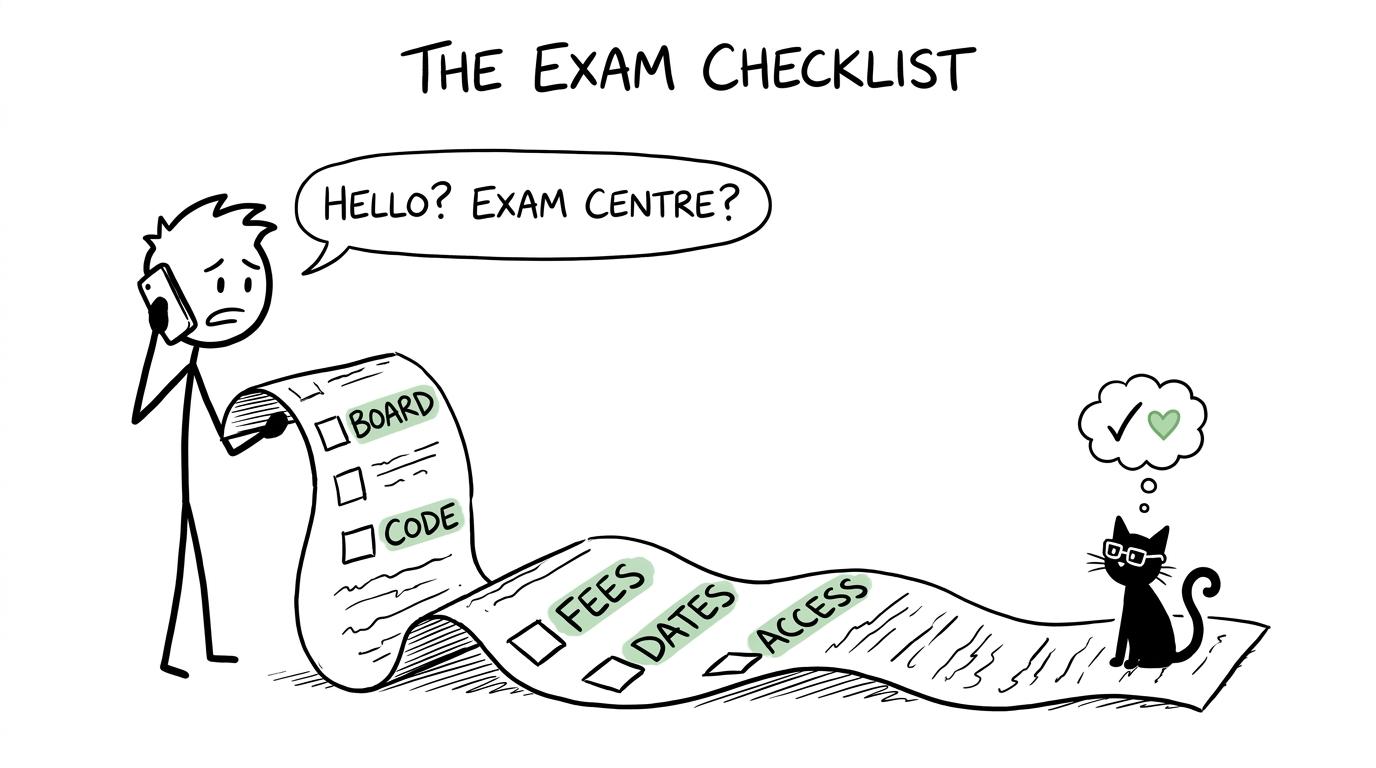 A student phones an exam centre beside an enormous checklist supervised by a very serious cat