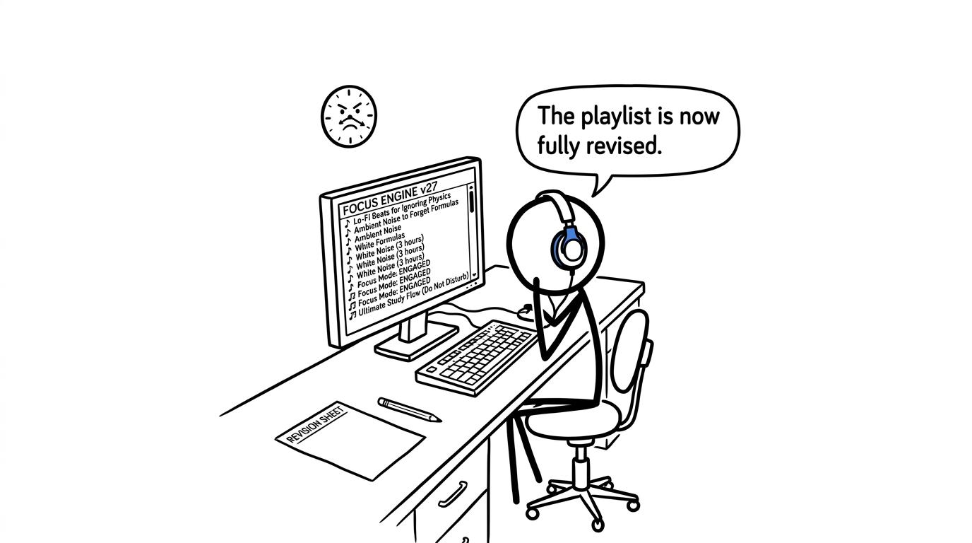 A student perfects a revision playlist while the revision sheet waits