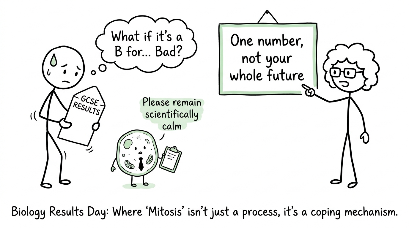 A nervous student opening a GCSE results envelope beside a scientifically calm cartoon cell
