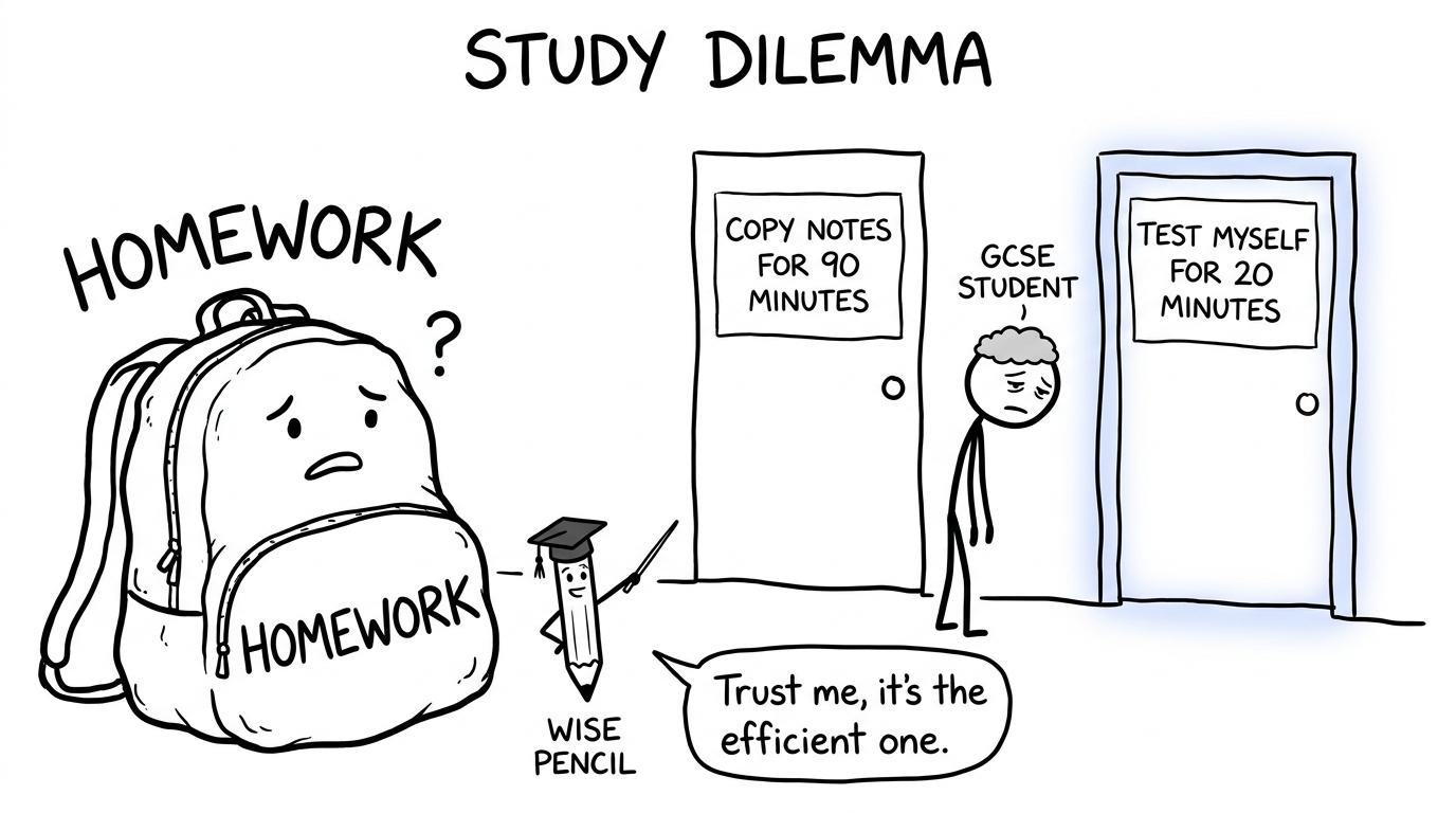 A student choosing between copying notes and self-testing