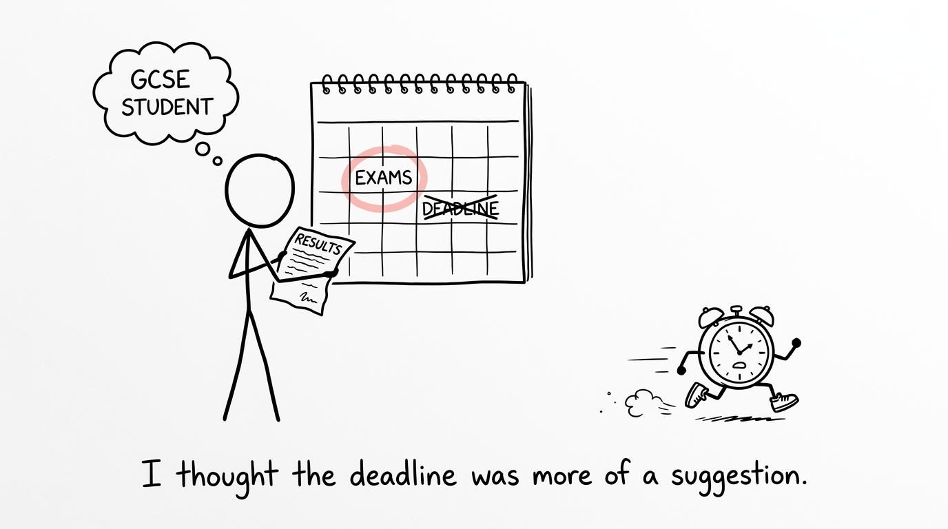 A student watches an exam deadline sprint away on a calendar