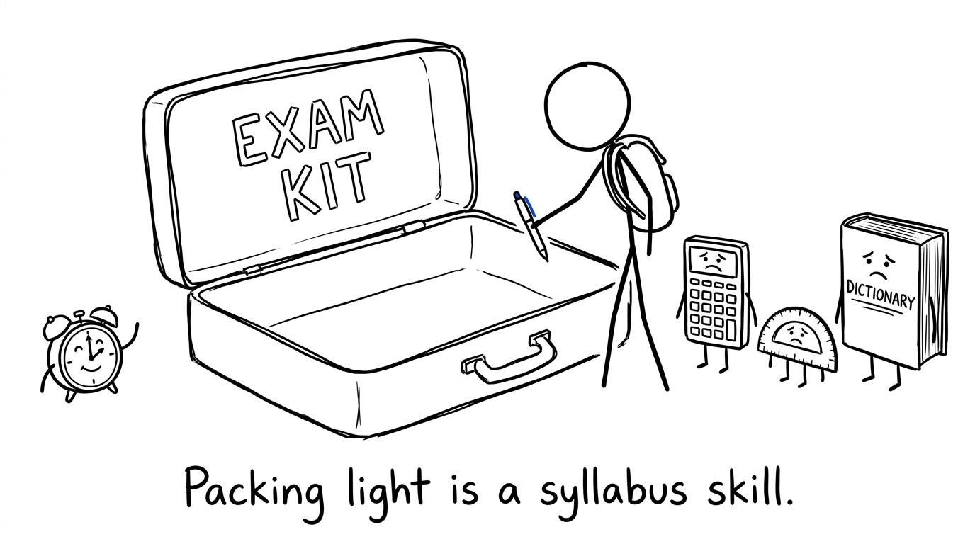 Stick figure packing one pen while unnecessary equipment looks rejected