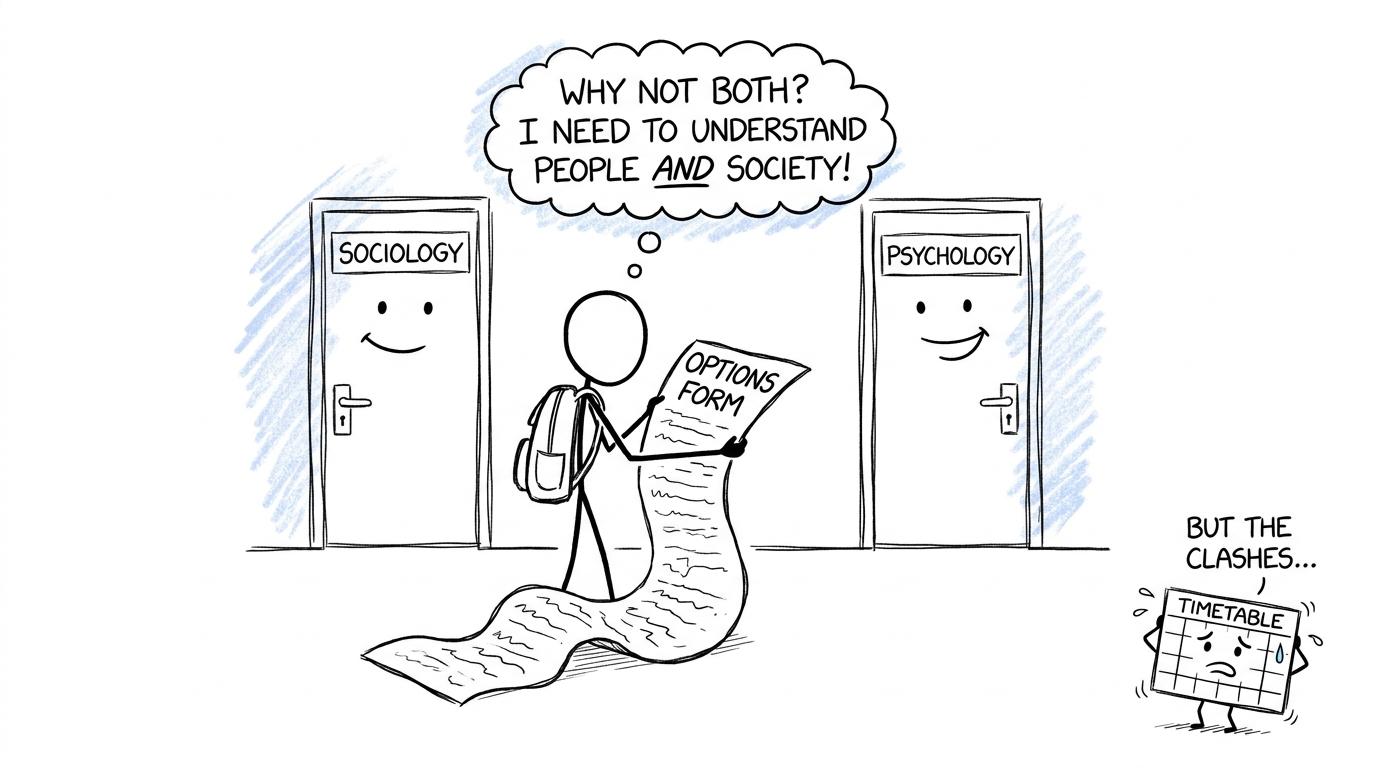 A student choosing between sociology and psychology while a nervous timetable watches