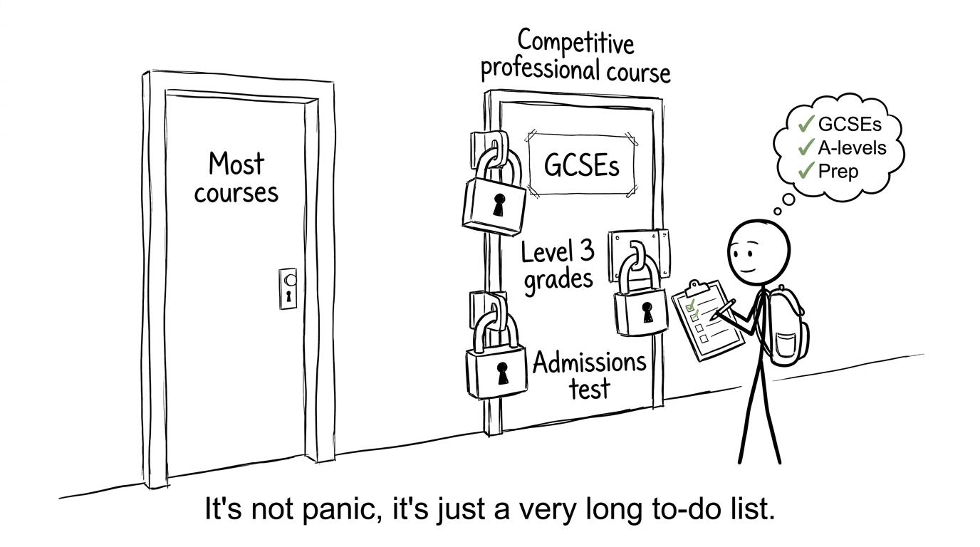 A student choosing between university course doors with different admissions locks