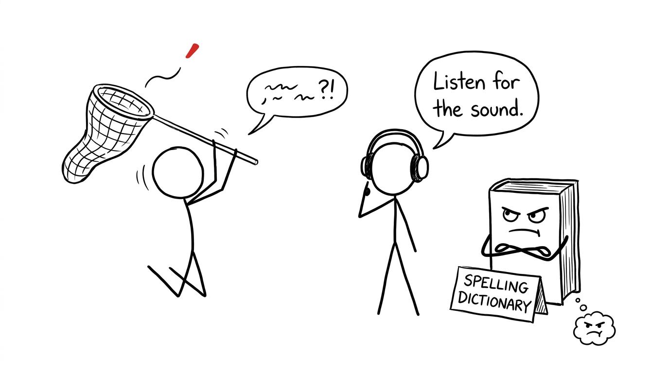 A student chasing a French accent while another listens calmly for the sound