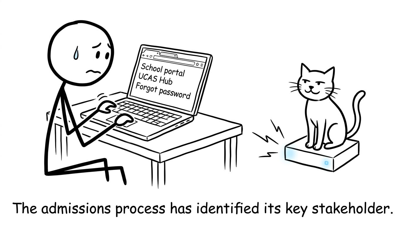 A nervous student checking school and UCAS browser tabs while a cat supervises the router