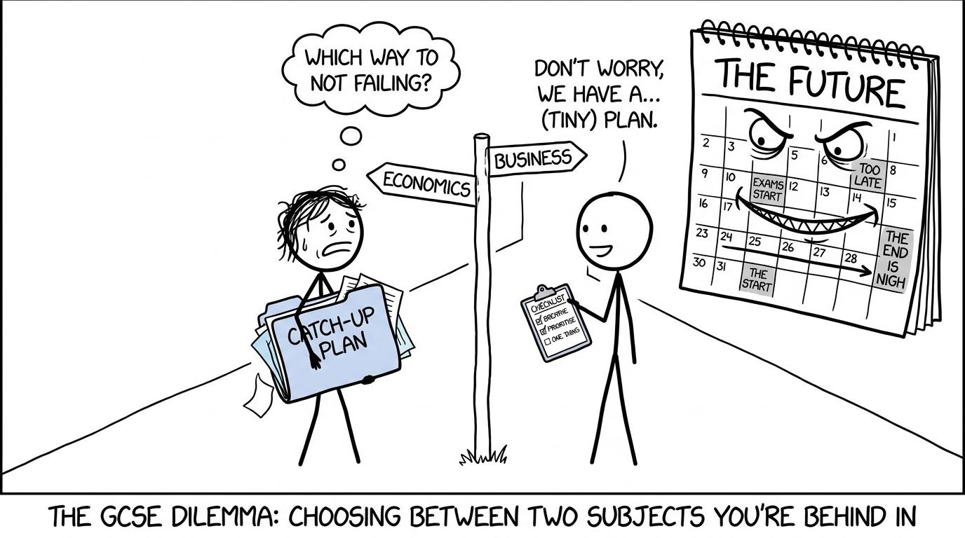 A student choosing between Economics and Business while a large calendar watches