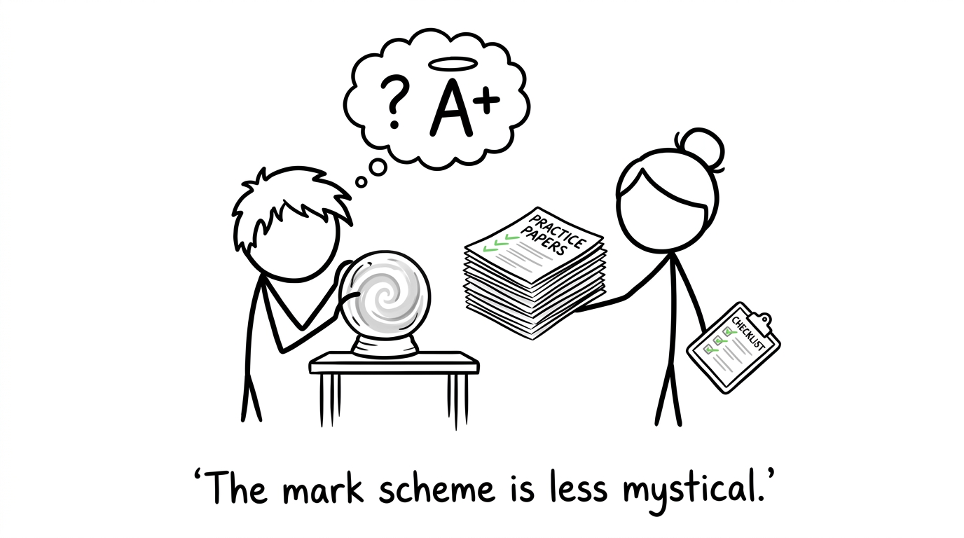 A crystal ball being replaced by marked practice papers