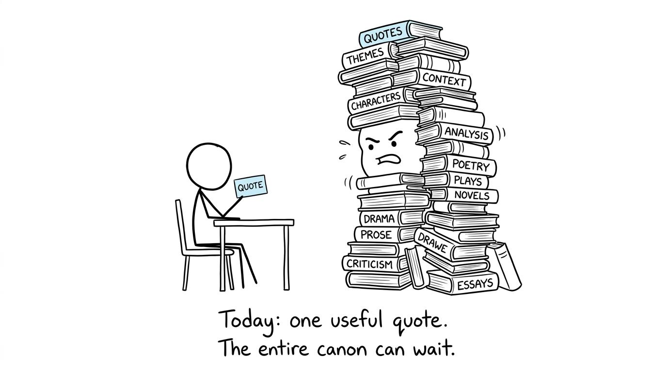A student calmly choosing one useful quotation instead of confronting the entire literary canon