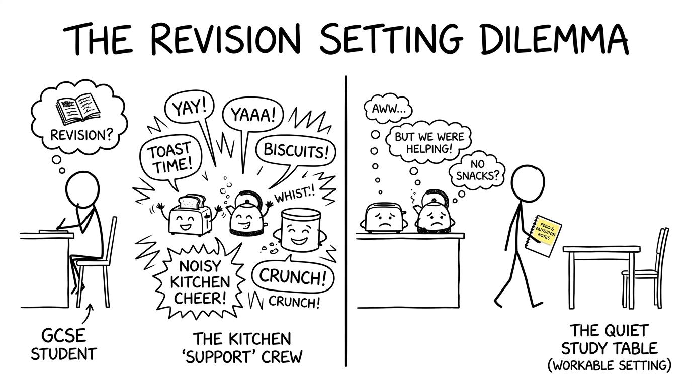 Kitchen appliances object when a student chooses a quieter revision table