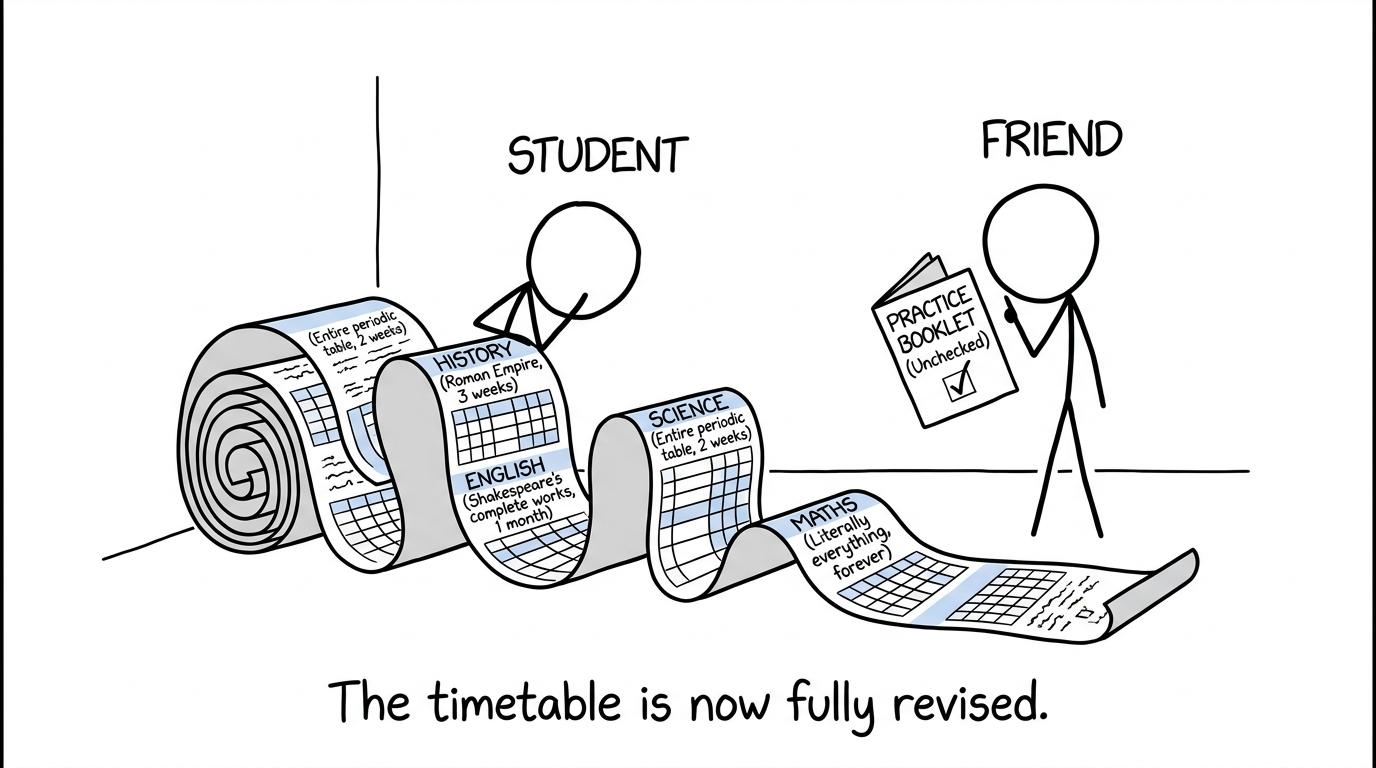 A student admiring an enormous revision timetable while the practice booklet waits