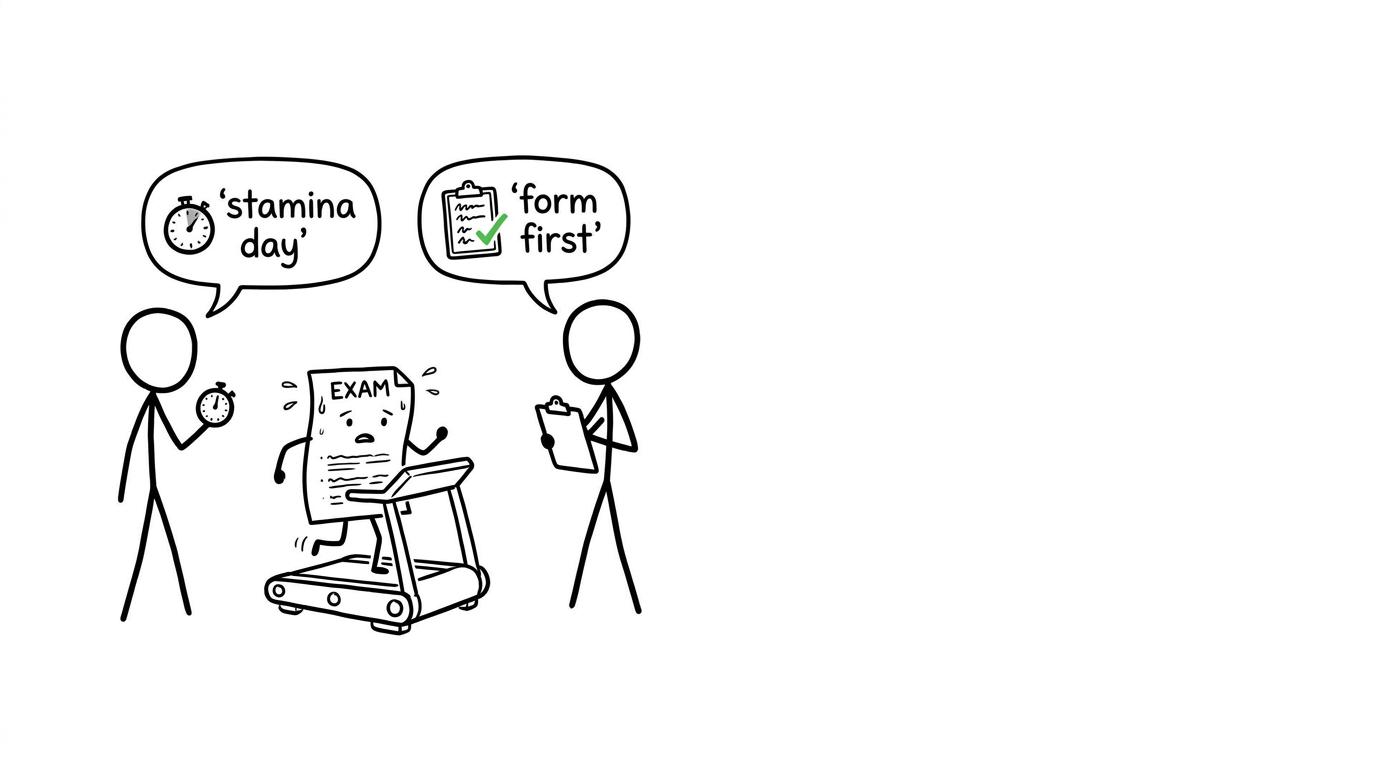 An exam paper trains for stamina while a mark scheme coach checks its form