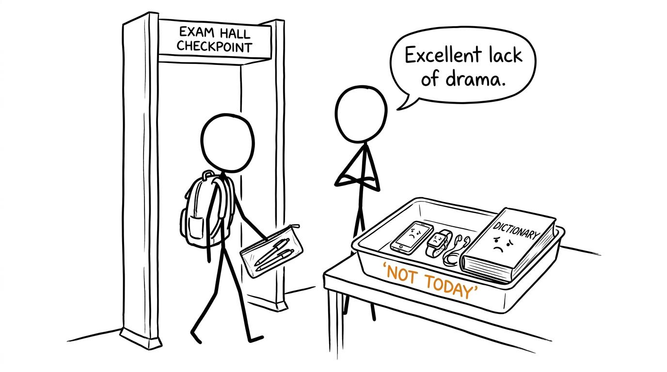 Phones, watches, earbuds and a dictionary wait outside the exam hall