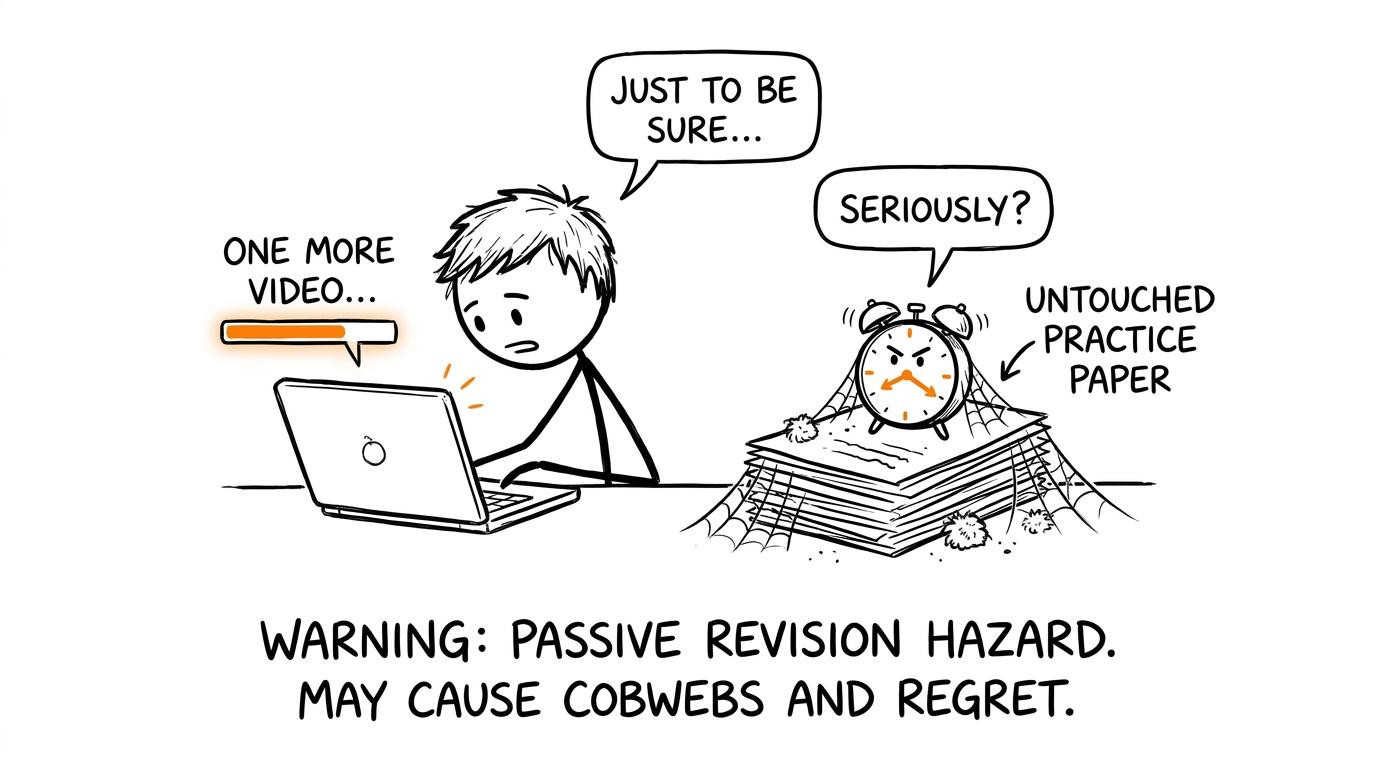 A student watching revision videos while practice papers gather cobwebs